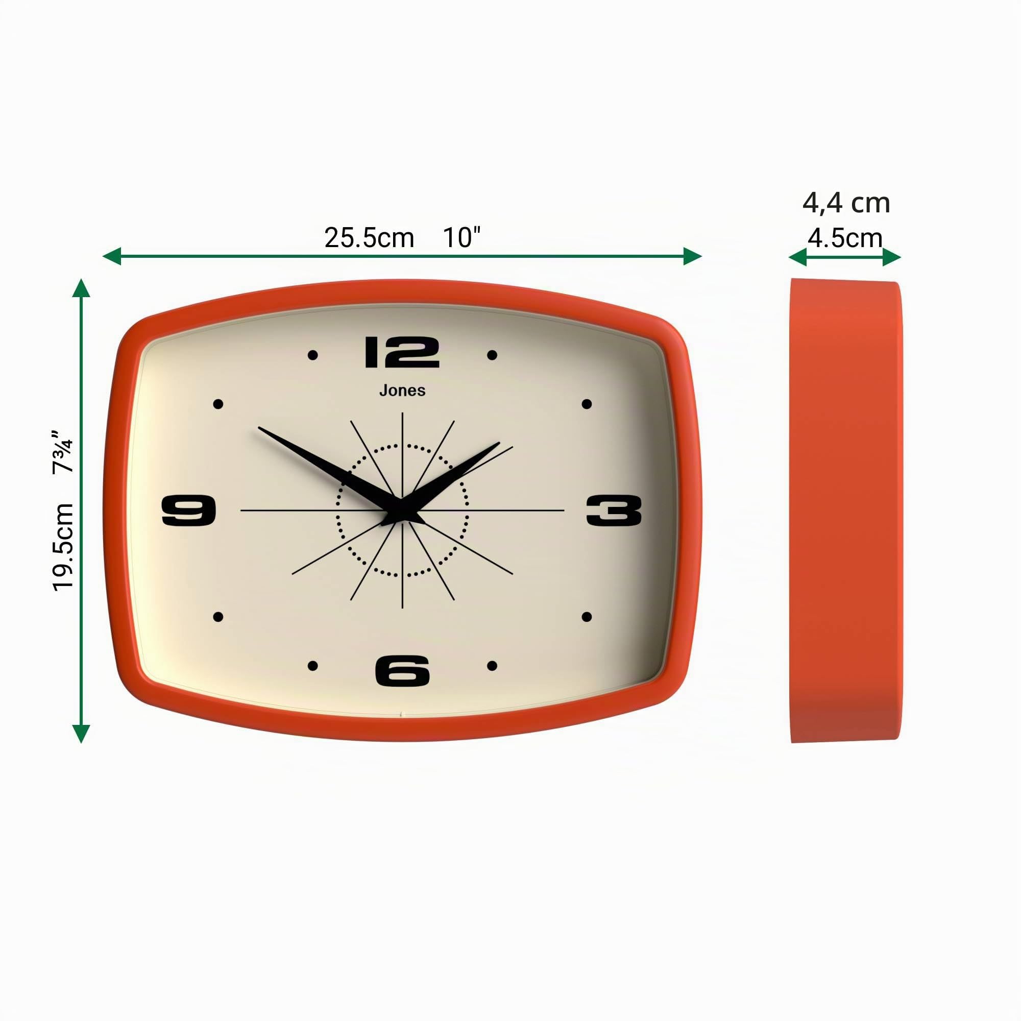 JONES CLOCKS Movie Horloge Murale Rétro Rectangulaire 25cm Orange Design Milieu du Siècle