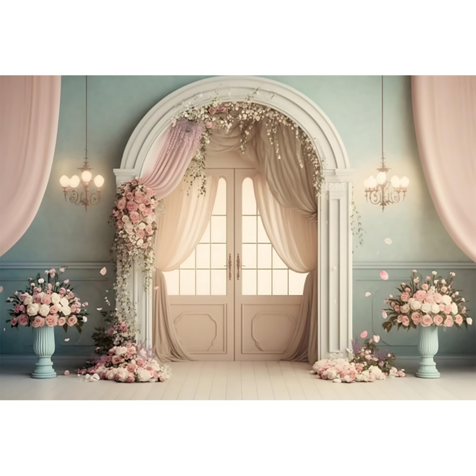 YongFoto 3x2,5m Matrimonio Sfondo per servizio fotografico Camera europea Porta Tessuto Fiore Lampadario Romantico Sfondi per coppia Ricevimento di matrimonio Cerimonia Portrait Photo Puntelli