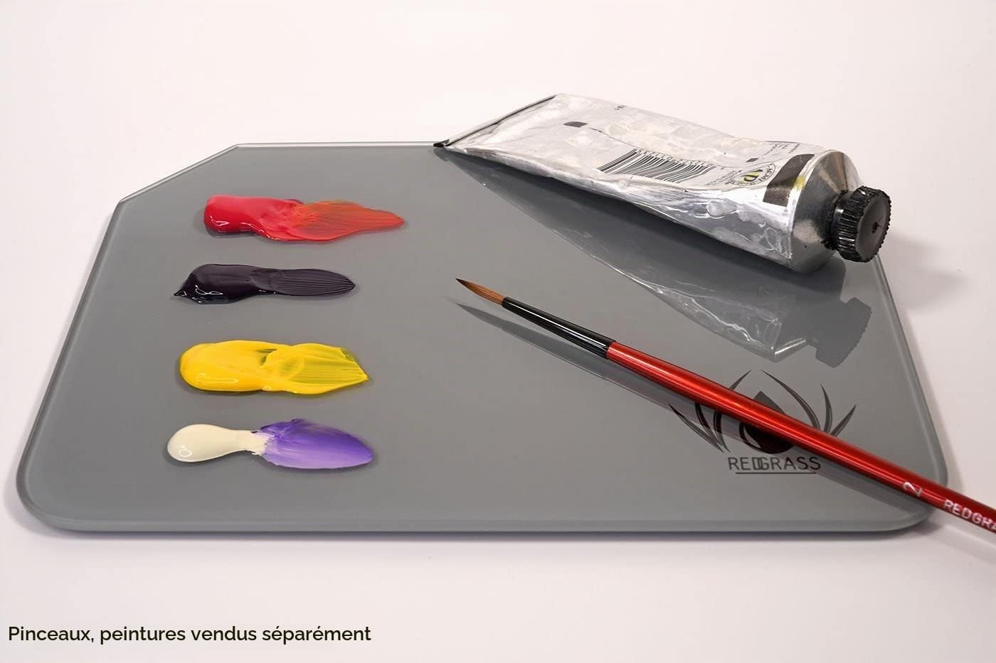 Redgrass Painter Lite Palette en Verre pour Peinture à l'huile, Acrylique, Peinture Miniature – 21,6 cm – Verre trempé avec Bords biseautés – 4 Pieds en Caoutchouc – Dos Gris Clair
