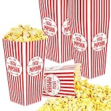 [25 Pack] Movie Theater Popcorn Boxes Disposable Red & White Striped - 46 oz Capacity - Vintage Snack Box Concession and Carnival Party Supplies, Individual Popcorn Bucket Containers