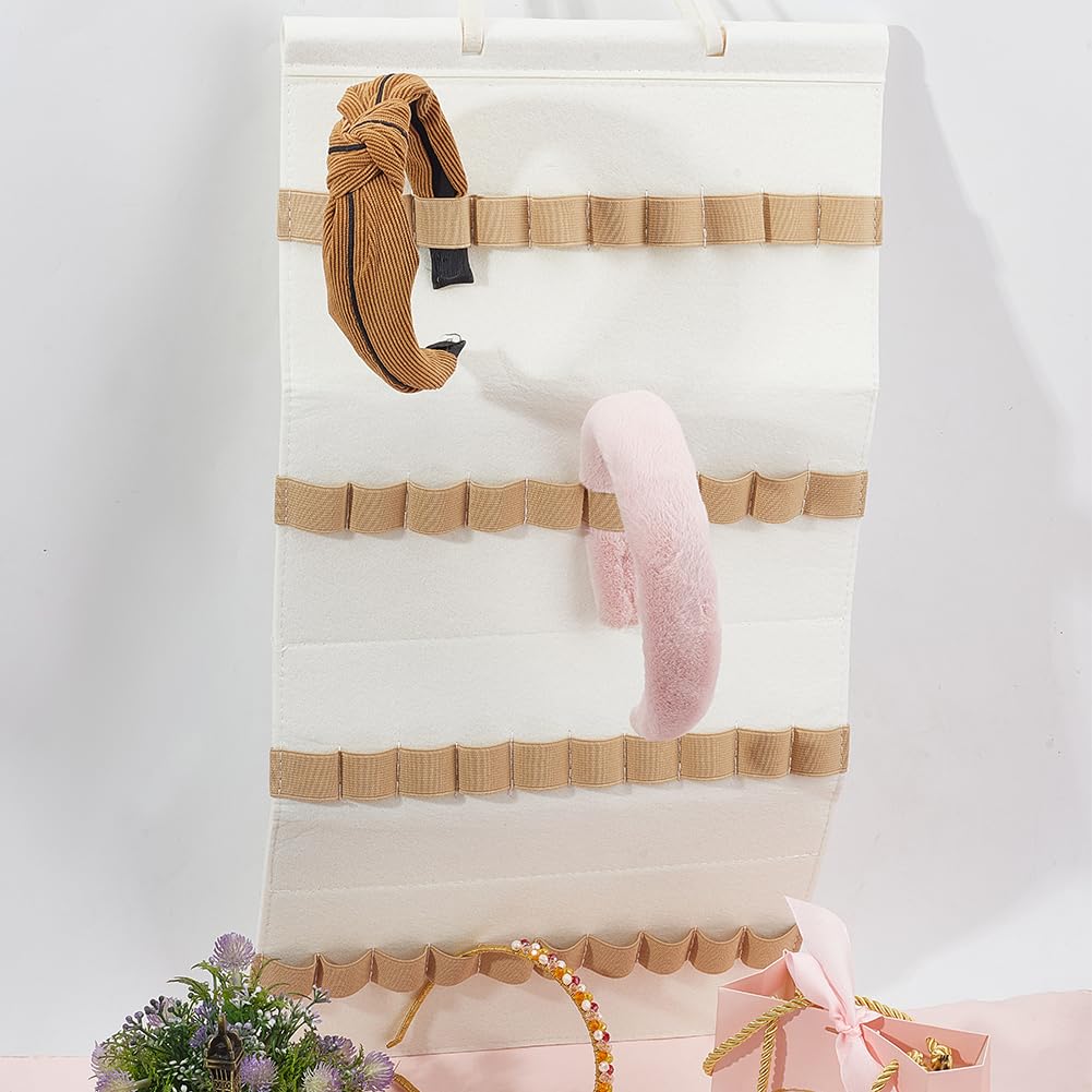 DELORIGIN Felt Hanging Headband Holder with 40 Elastic Bands Bow Hanger White Wall Headbands Display Organizer Ribbon Hair Hoops Storage Hairbands Hair Accessory Holder for Home Women Hair Bows - Image 4