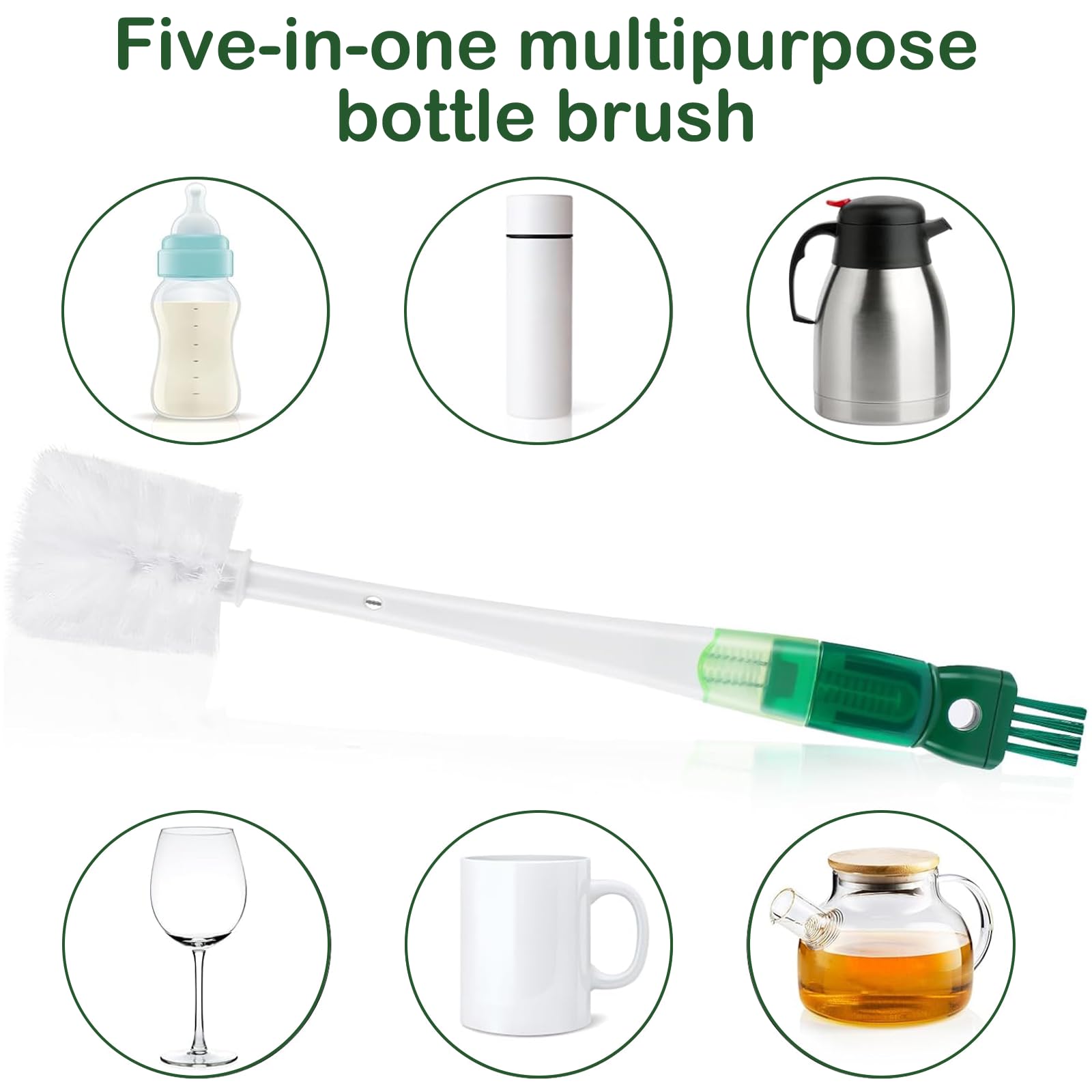 Brosse de Nettoyage Bouteille d'eau Multifonctionnelle 5 en 1 Brosse Gourde Brosse Longue pour Bébé avec 5 Têtes de Ensemble Brosses Nettoyage pour Biberons,Biberons Thermos,Pailles (Vert)