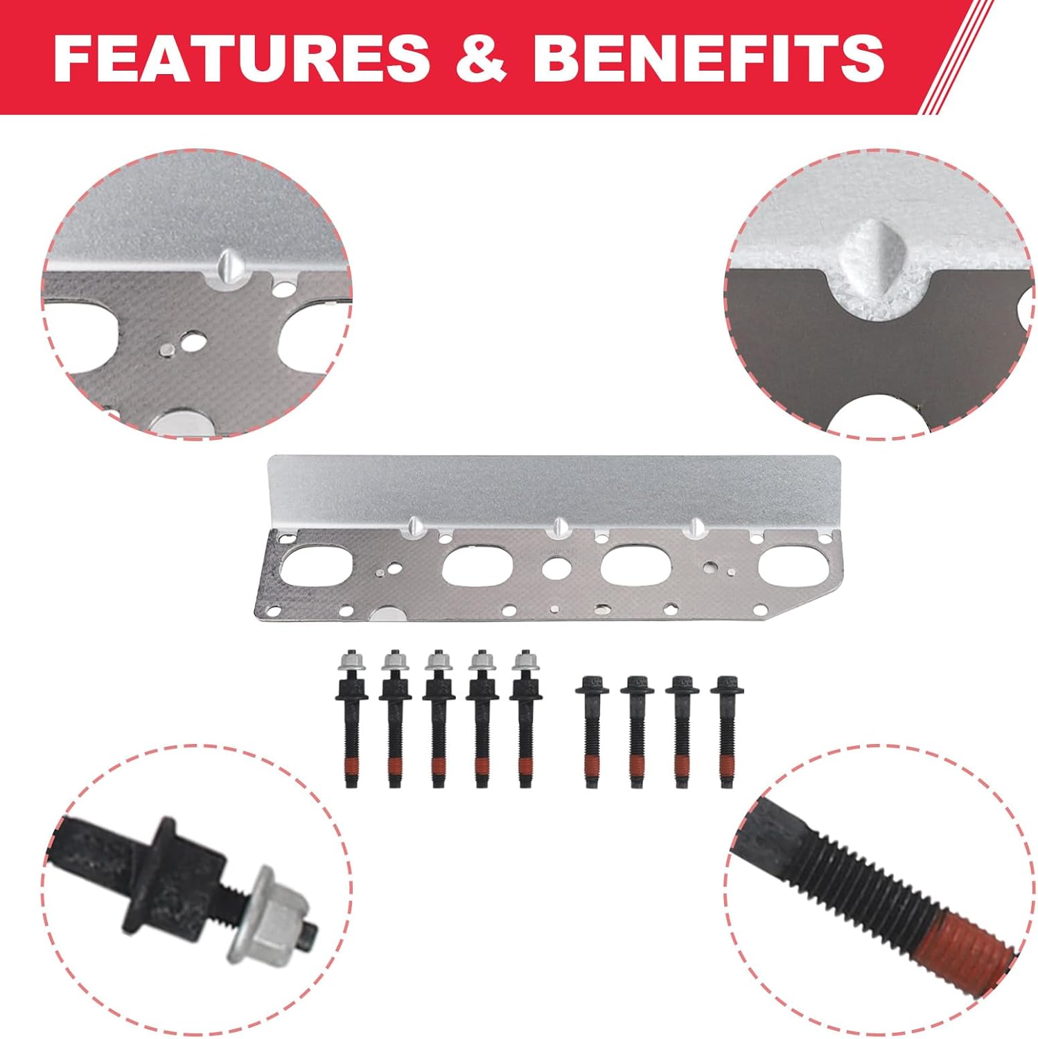 5.7 HEMI Exhaust Manifold Gasket with Bolt Studs and Nuts Set for 5.7L V8 Engines 2009-2020 Dodge Ram 1500 2500 3500 Jeep Charger Grand Cherokee (Complete Left + Right)