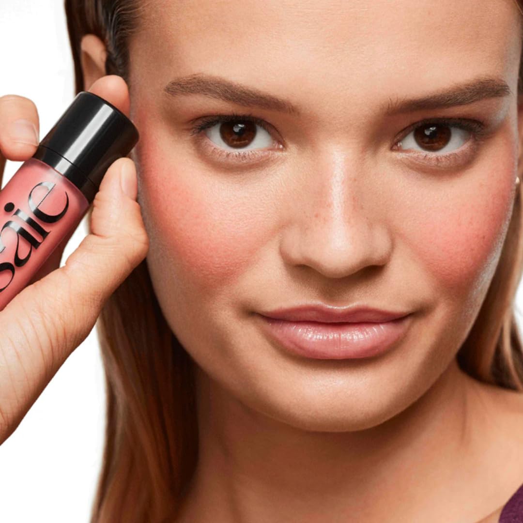 Saie Dew Blush - Lightweight, Blendable + Buildable Cream Gel Blush for a Dewy Cheek Tint - Doe Foot Wand Makeup Applicator - Sweetie