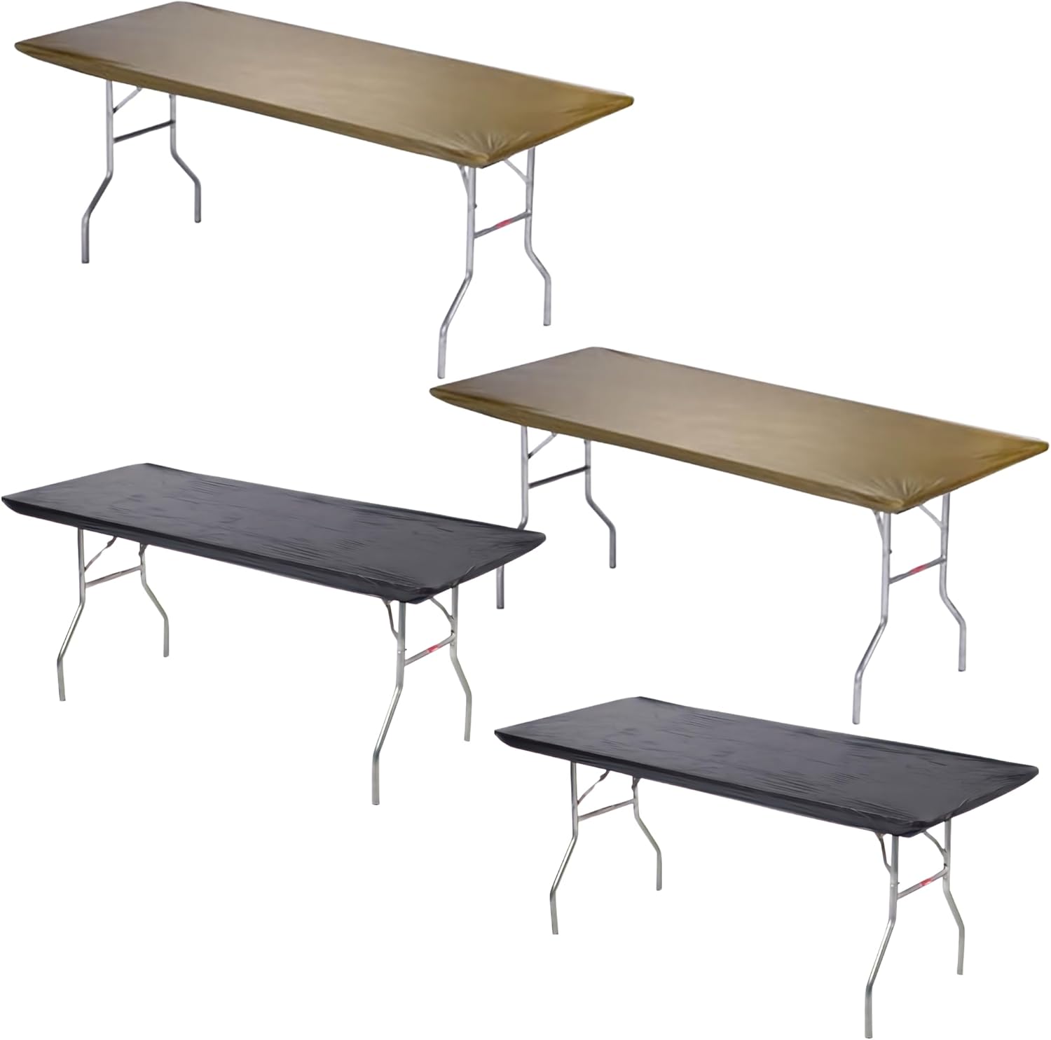 Kwik-Covers Rectangular Fitted Plastic Table Cover 6' or 8', 2 Colors, Bundle of 4 Covers (2 Metallic Gold, 2 Black, 8' x 30")