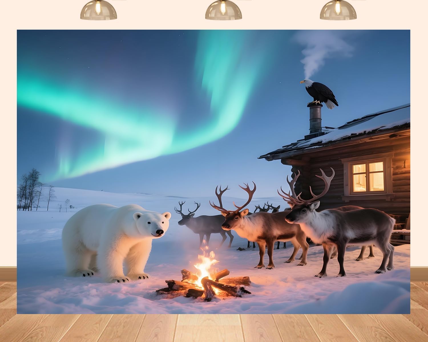 PEKRU 7x5ft Fabric Winter Aurora Borealis Backdrop Snowy Mountain, Cabin, Campfire and Polar Animals Arctic Adventure Outdoor Travel Theme Background