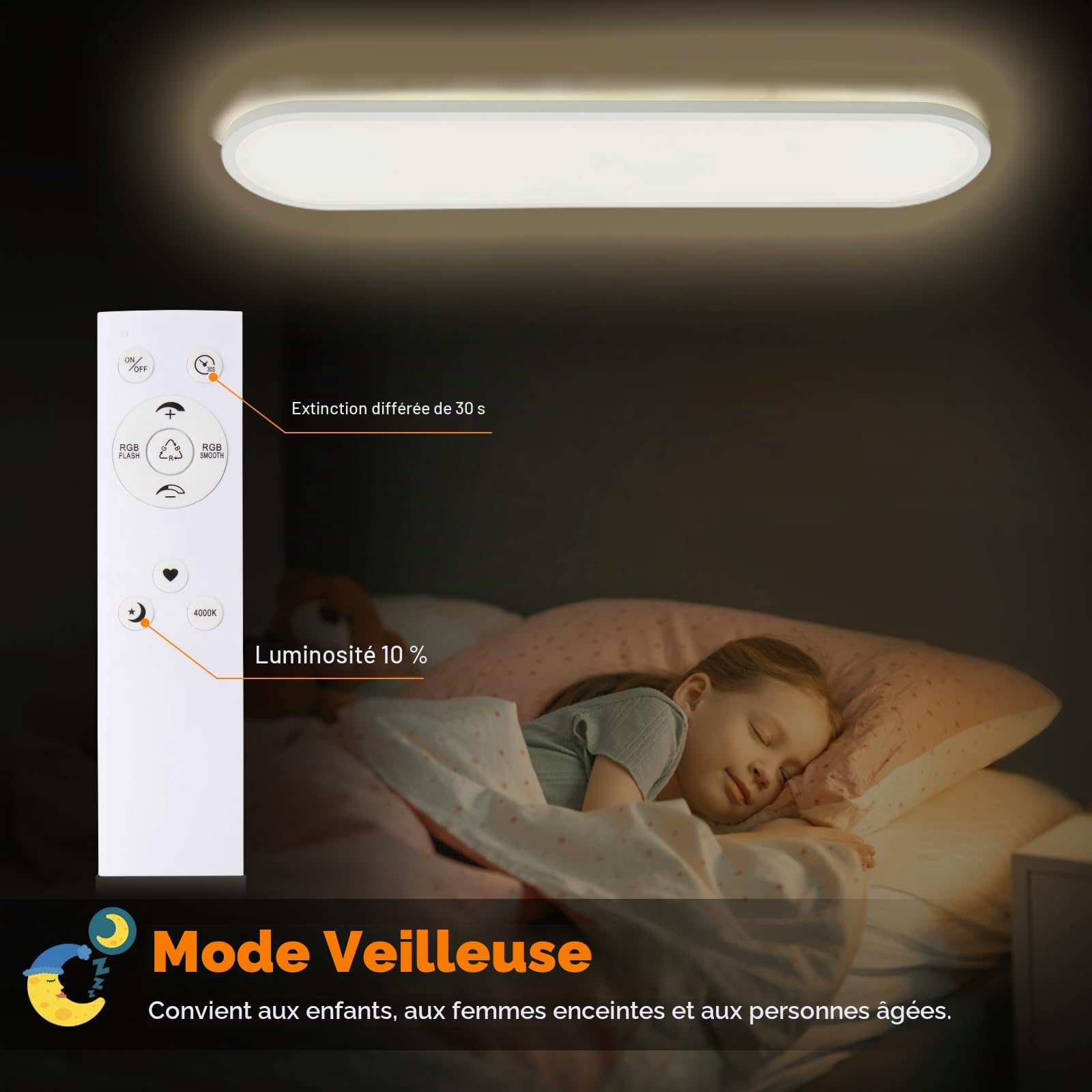LEZOE Plafonnier LED RGB dimmable avec télécommande, 36W 4500LM, 4000 K, panneau lumineux RGB dimmable pour bureau, cuisine, salon, chambre, chambre d'enfant 80x20x2.9cm ovale