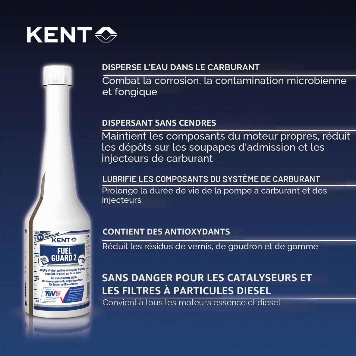 KENT Fuel Guard 2 – Additiv, essence et diesel, nettoyage du système – Nettoie le système de carburant, lubrifie et protège – Flacon de 250 ml