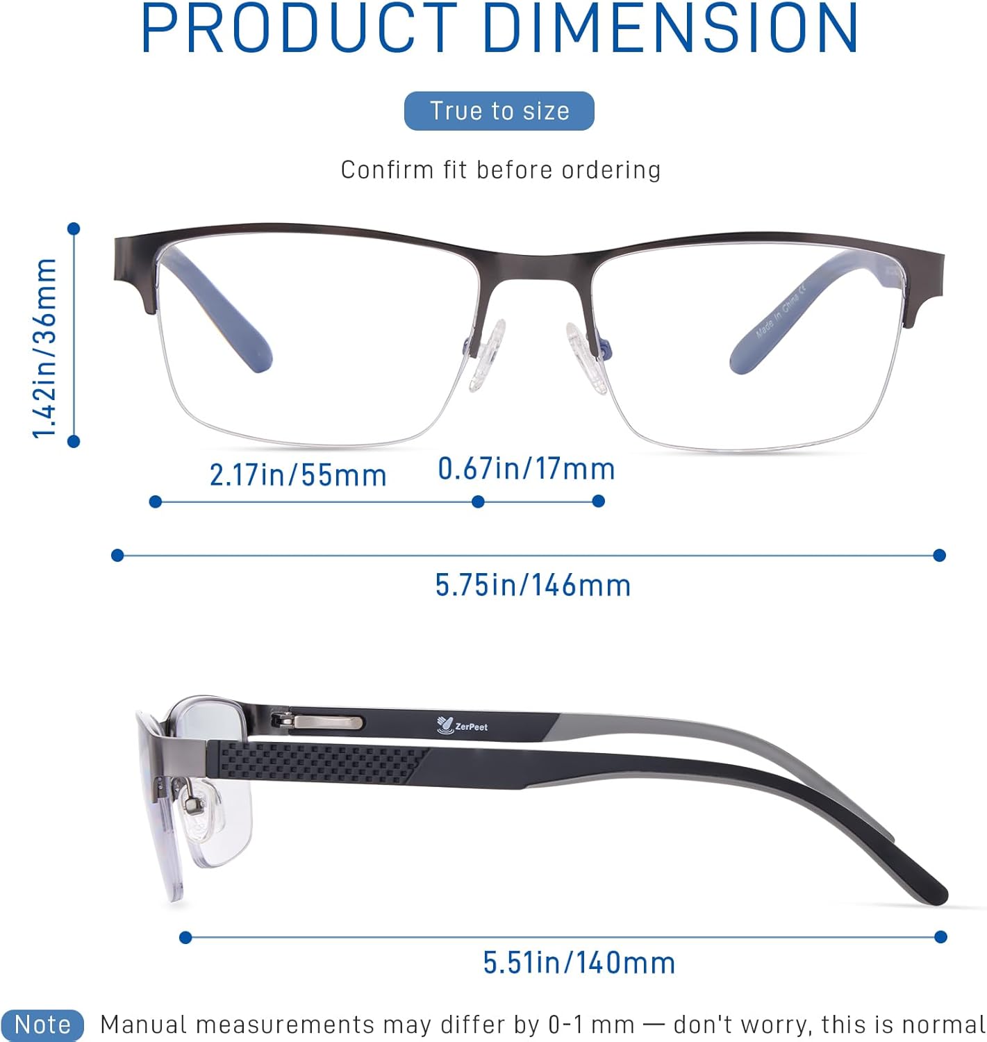 2 Pack Semi-Rimless Reading Glasses Men Metal Frame Dual-Tone Hybrid TR90 & Silicone Temple Blue Light Blocking Readers - Image 2