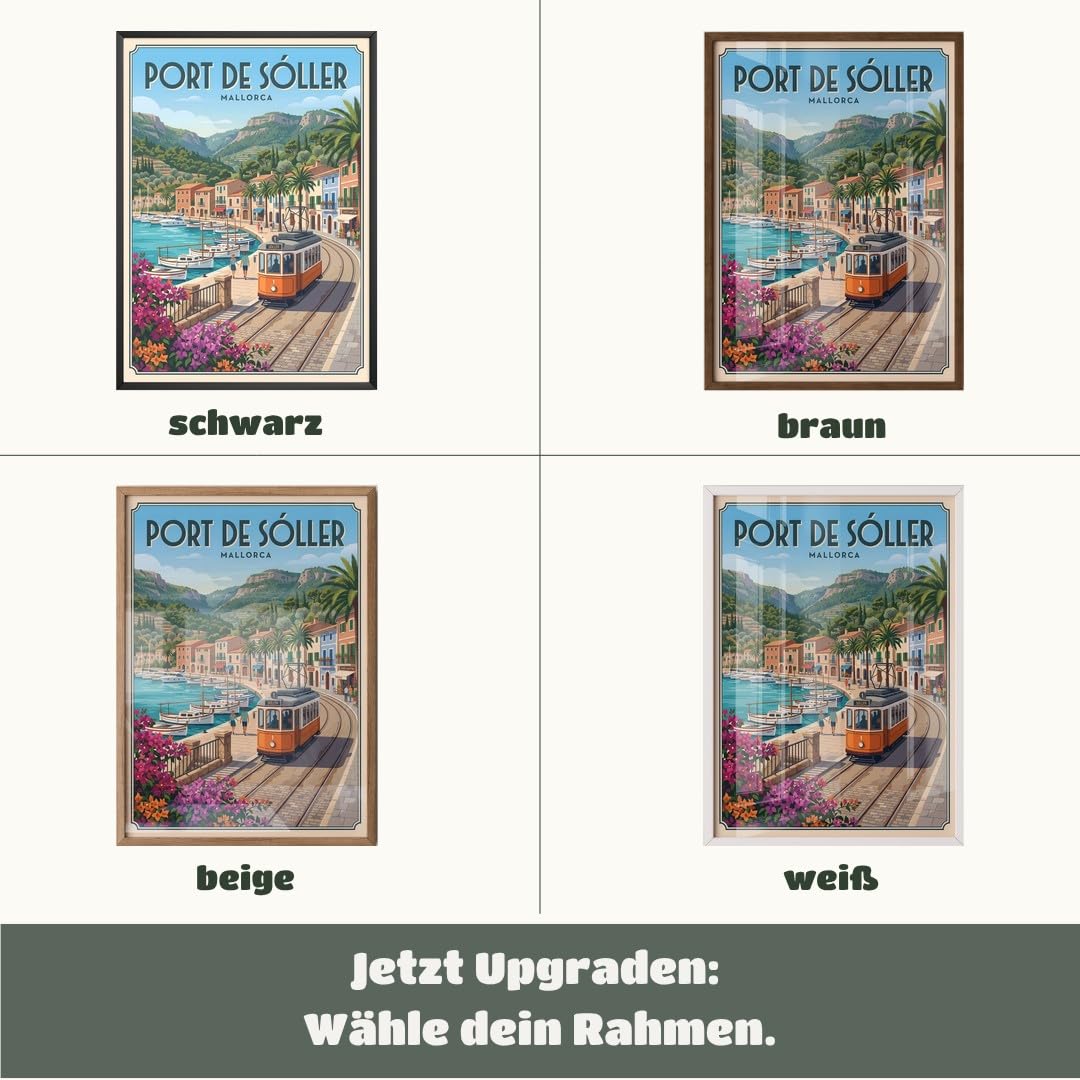 MJ-GRAPHICS® Wandbild Hafen Tram Poster Port Soller Kunstdruck mediterran Bilder Landschaft Deko Sommer Stadtbild Palmen Wanddeko Wohnzimmer Retro Vintage 50x70 mit weißem Rahmen
