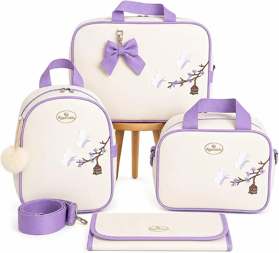 Kit Bolsa Maternidade 4 Peças Impermeável com Mala, Mochila, Nécessaire e Trocador, Luxo Bege com Lilás