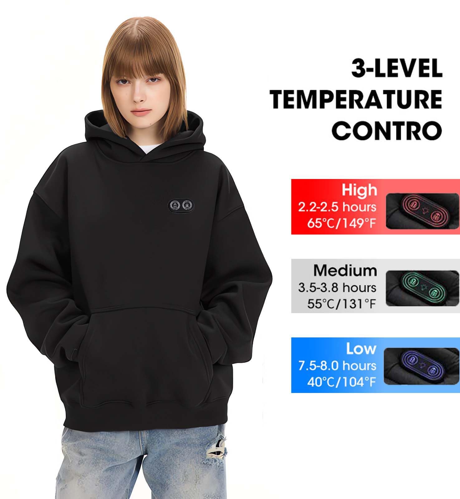 Ogrzewana bluza z kapturem Damskie, Bluza z Kapturem Kobiety, Podgrzewana Kurtka, 3 poziomy temperatury, 17 Stref Grzewczych, Bluzy Oversize Bluzy Sweter Z Kapturem