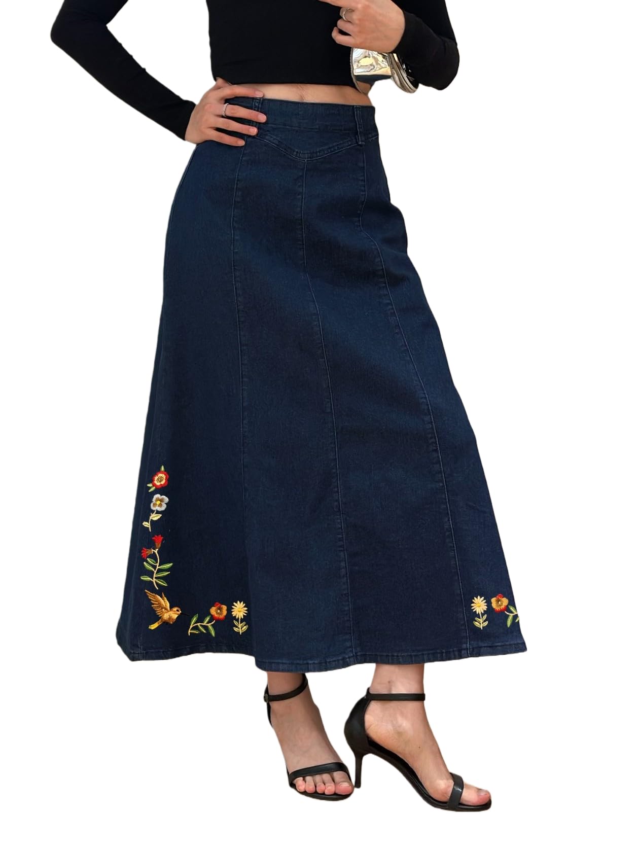 Tozamil Women's Embroidered Long Denim Skirt A-Line high-Waisted Vintage Denim Skirts Cute Long Jean Skirt for Women Trendy