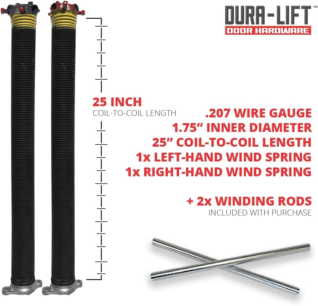 DURA-LIFT .207 x 1.75" x 25" Torsion Garage Springs (Yellow, Left & Right Wound) with 18" Torsion Spring Winding Rod (2-Pack)