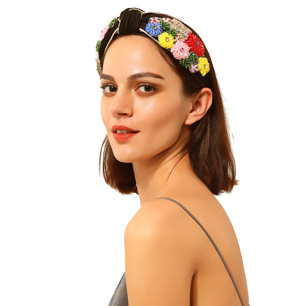 QTMY Cerchietto Turbante Con Cristalli E Perline – Fascia Elastica Vintage Per Donna, Verde/nero - 2