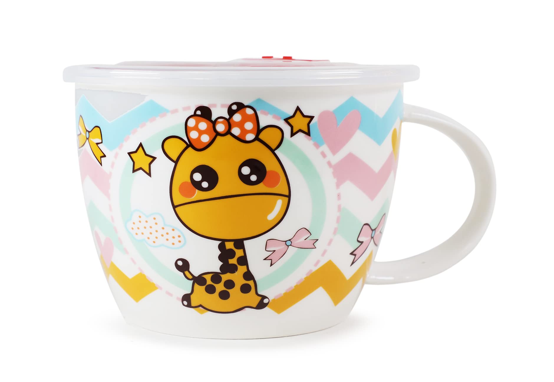 Microwavable Ceramic Noodle Bowl with Handle and Seal Fine Porcelain Cute Animal (Giraffe)