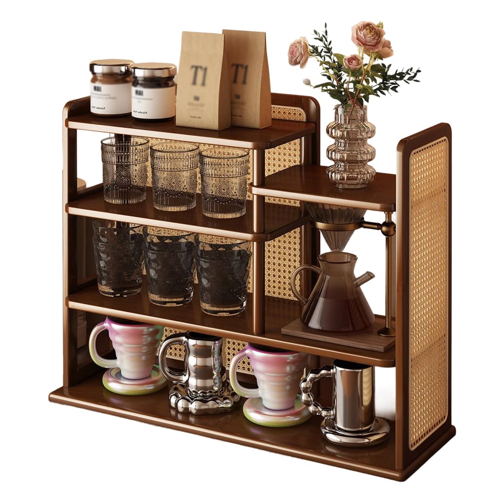 QDZC 4-Tier Wood Coffee Mug Display Rack Plastic Rattan Wooden Cup Holder Countertop Kitchen Storage Shelf Spice Jar Organizer for Home Office Coffee Station Bar 50cm