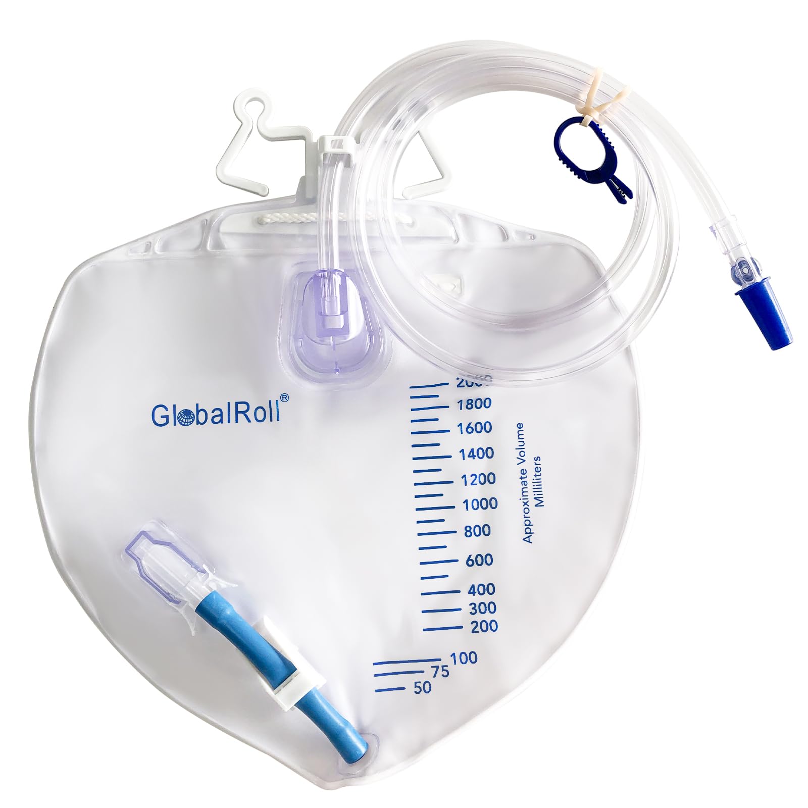 GlobalRoll Urinary Drainage Bag with Anti-Reflux Chamber, Bedside Drainage Bag 2000 mL with 48" Drainage Tube, Hook Hanger and Clips, Urine Bag with