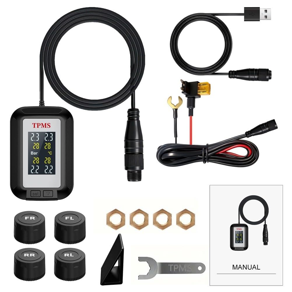 Bezprzewodowy monitor ciśnienia w oponach TPMS z podwójnym wyświetlaczem do samochodu, aplikacja przez USB 12 V ACC, wodoodporne czujniki zewnętrzne IP67, powiadomienia o wysokim/niskim