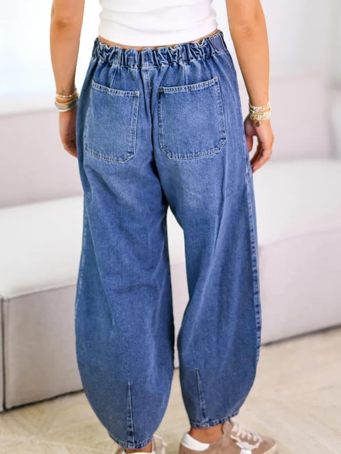 Women Stretch Drawstring High Waisted Jean Loose Wide Leg Baggy Barrel Denim Pants - Image 3