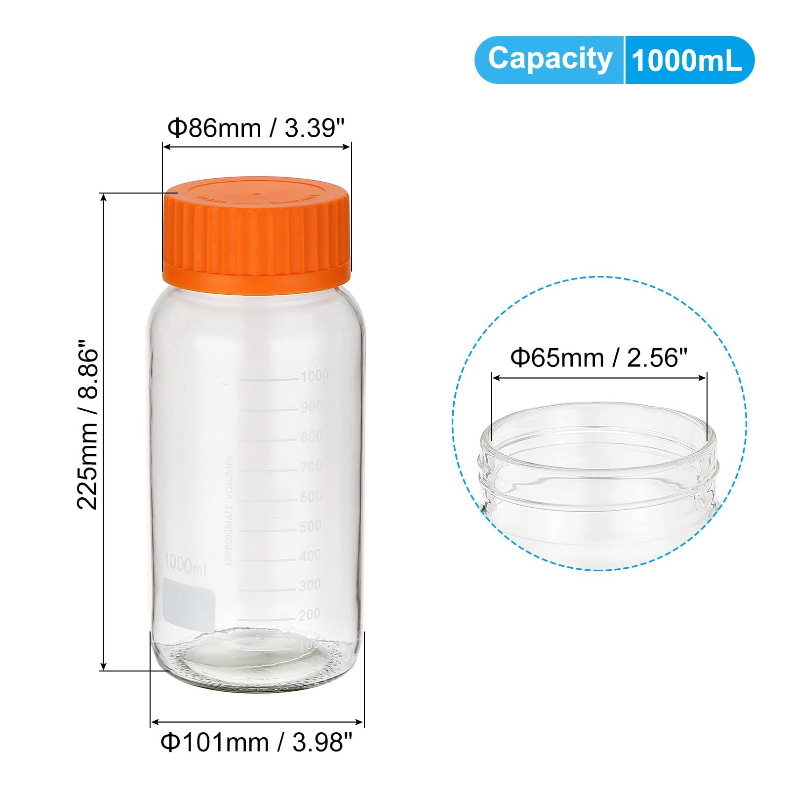 PATIKIL 1 Pack Reagent Media Storage Bottles, 1000ml Borosilicate Glass Wide Mouth Graduated Round Bottles with Orange GL32 Screw Cap for Lab Water Reagent Liquids, Clear