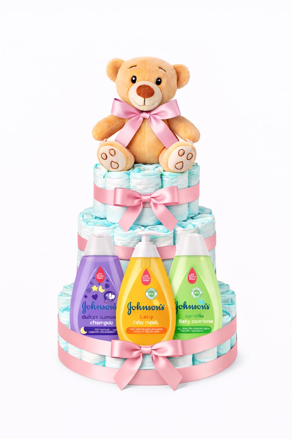 Tarta de pañales Johnsons baby rosa+ chupete y babero (Talla 2 (3-6 kg)) by MomentosGourmet .Añade tu dedicatoria personalizada. Regalo para bebé muy práctico