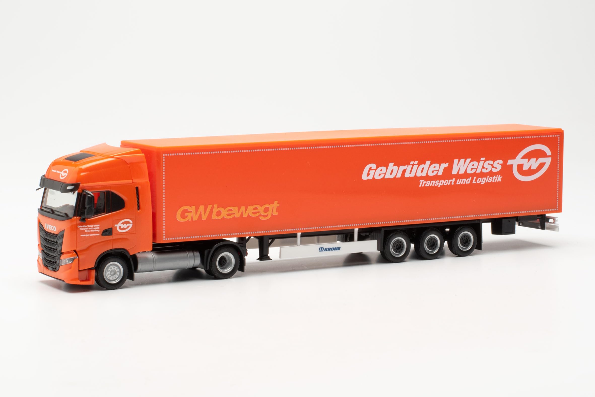 Herpa truck model Iveco S-Way LNG Koffer-Sattelzug 15m "GebrüderWeiss" (Bayern/Nürnberg), on a scale of 1:87, plastic miniature, made in Germany, model building, collectors edition