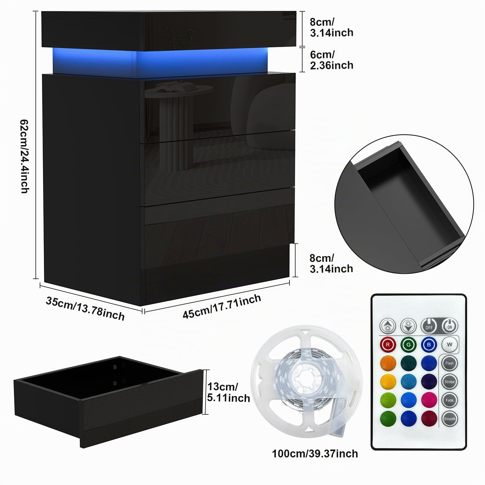 Nachttisch mit LED Licht, Nachttische Schwarz Beistelltisch Schiebedeckel, Nachtschrank mit 3 Schubladen und 16 Farben LED-Beleuchtung, Kleiner Tisch, modern, 45x35x61cm, Schwarz
