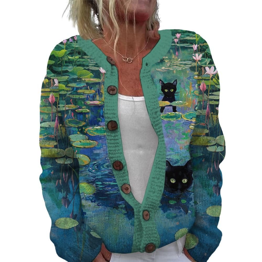 ZOCANIA Cardigan for Women Graphic Open Knit Sweaters Long Sleeve Button Down Cropped Cardigans Soft Winter Outwear