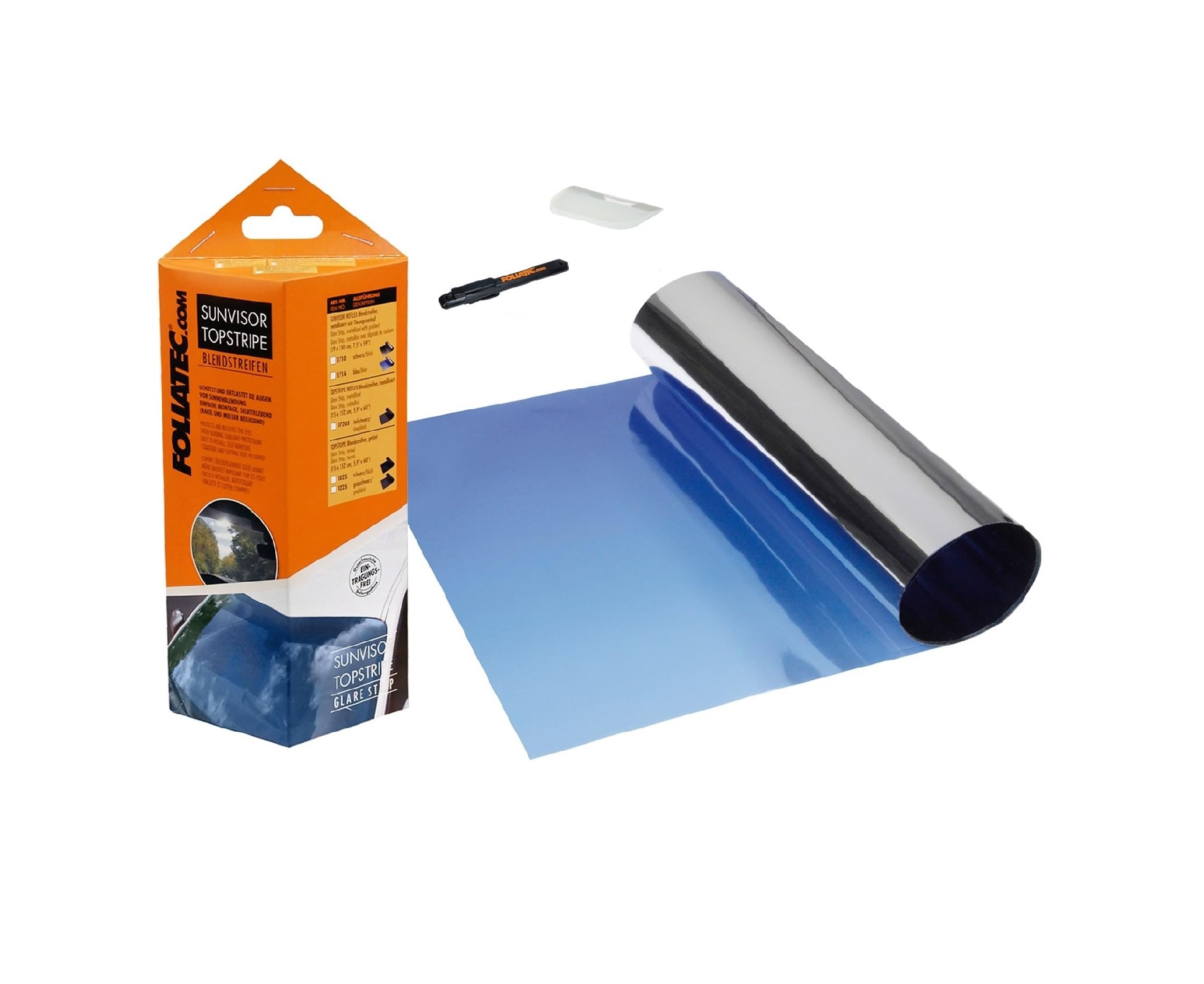 FOLIATEC SUNVISOR Reflex Anti-Glare Strip Tint Film Sun Wedge Windscreen Film with Stylish Colour Gradient, Blue, 20 x 150 cm