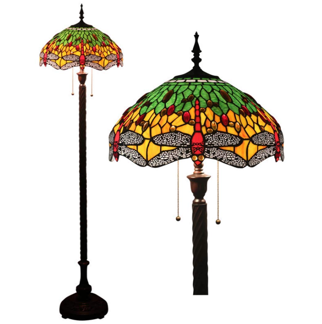 IUokLU 16-Inch Vintage Tiffany Style Floor Lamp,European Stained Glass Floor Uplighter for Living Room Bedroom Bedside Green Dragonfly Decoration Standing Light,Zipper Lamp,E27,16inch