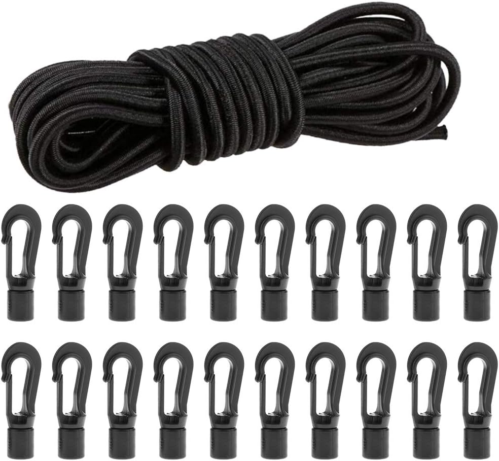 1/4" X 50' Elastic Bungee Shock Cord Kayak Stretch String Rope with Bungee Shock Cord Hook Suitable for Boat Camping Accessories, Exercise, Fitness and Outdoor Enthusiasts (50 Feet Rope + 20 Hooks)