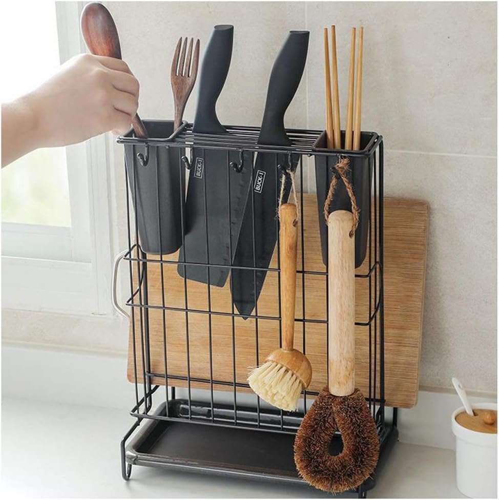Cutlery Holder Kitchen Rack Organizer for Household Items Knife Block and Cutting Board Holder with Extra 5 Hooks for Utensil Mug Towel Utensil Holder/Spatula Holder