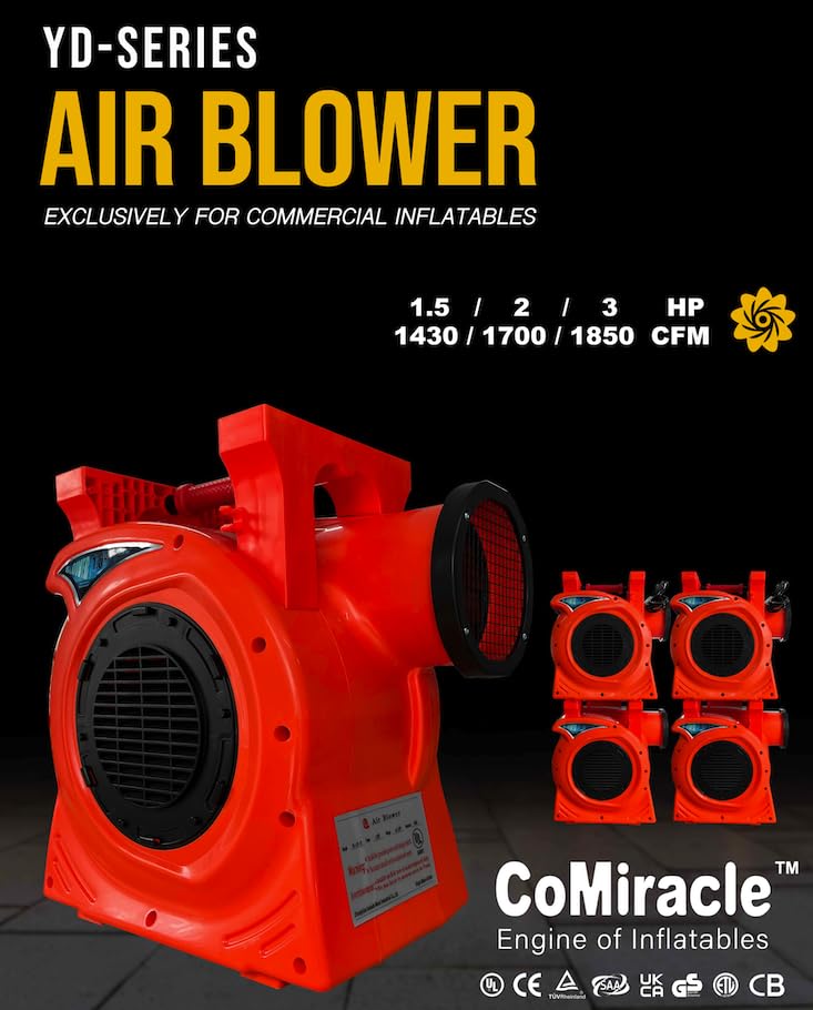 Inflatable 2 HP 2600+ CFM Turbo Commercial Air Blower Dual Air Intake Compact & Energy Efficient for Large Inflatable Bounce House, Water Slide, and Obstacle Course for Kids (YD-1500Watt)