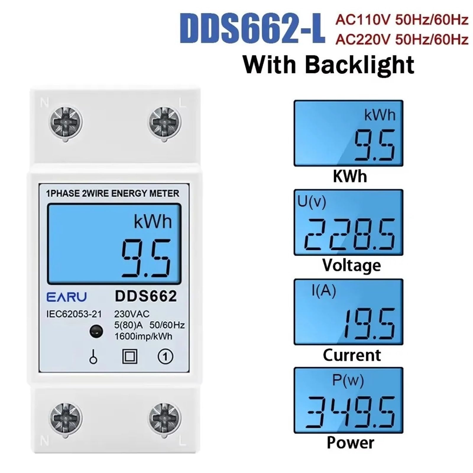 220v/110v 80A Din Rail Backlight LCD Digital Display Voltage Current Power Energy Meter Electricity Tester Voltmeter Ammeter(with Backlight,110V)