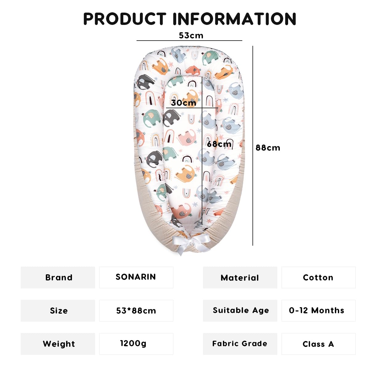 SONARIN Portable Reducteur de Lit Bébé,Nid Bébé Cocoon Nouveau-né Doux Respirant,Couffin de Voyage Nourrisson avec 100% Coton Housse Réversible Lavable,88 x 53 cm(Éléphant Coloré)