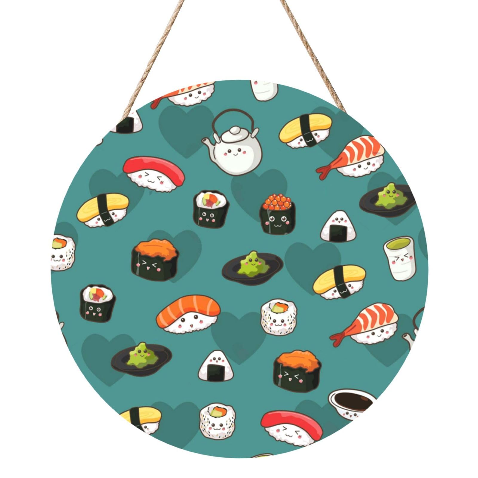 Cute Sushi, Round Wood Panel Painting 12 in, Wall Hanging Painting For Home