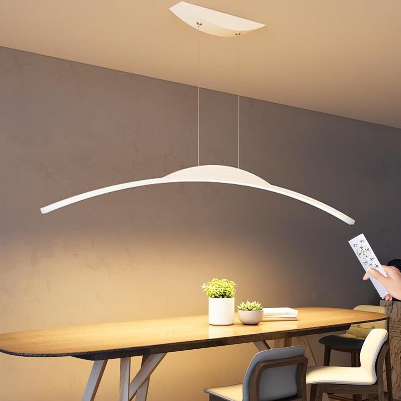 Modern LED Pendant Lamp Arc Design Dining Table Pendant Light Dimmable with Remote Control LED Hanging Lamp Adjustable Height Chandelier for Dining Room Kitchen Office (White, L80cm)