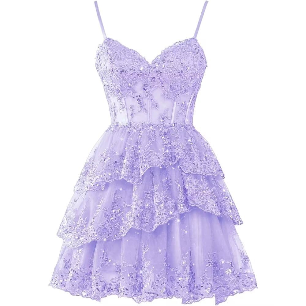 Hppee Women's Lilac Glitter Spaghetti Straps Tulle 2024 Homecoming Dresses For Teens Tiered Prom Dress Short Cocktail Gown For Uk12