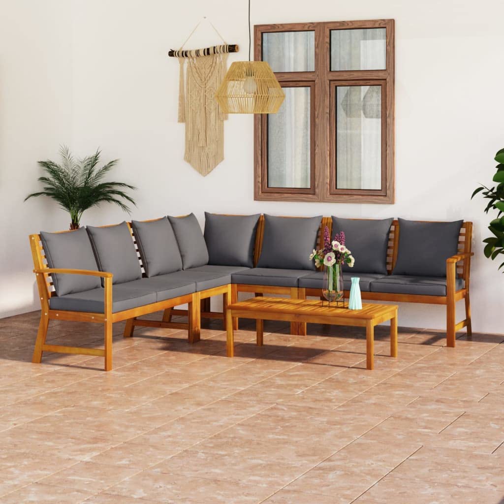 Juego de salón de jardín de madera maciza de acacia de 6 piezas, mesa de centro de listones, muebles de patio modulares con cojines gruesos para asiento y respaldo, fundas de almohada de poliéster