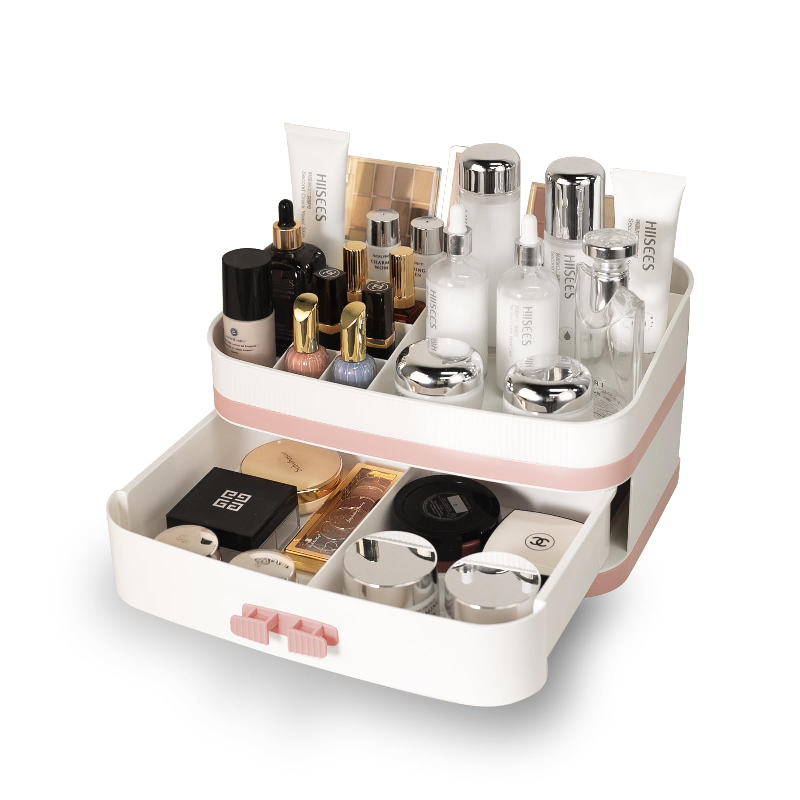 INVSSENE Large Makeup Organizer Countertop, Stackable Vanity Organizer with Drawer Cosmetic Organizer Tray, Make Up Organizers for Vanity, Makeup Storage Counter(Light Pink)