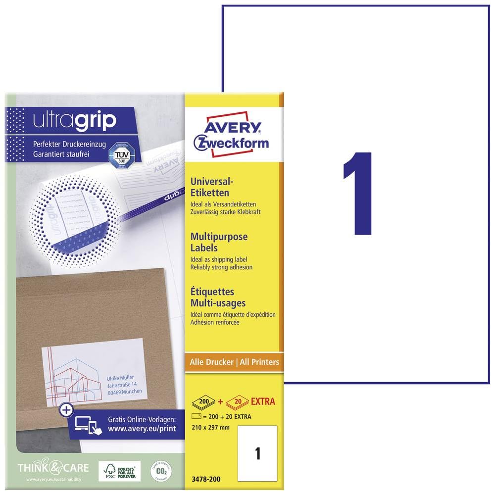 Avery Zweckform 3478-200 Universal Labels 210 x 297 mm for Inkjet Laser Copy with 20 extra labels