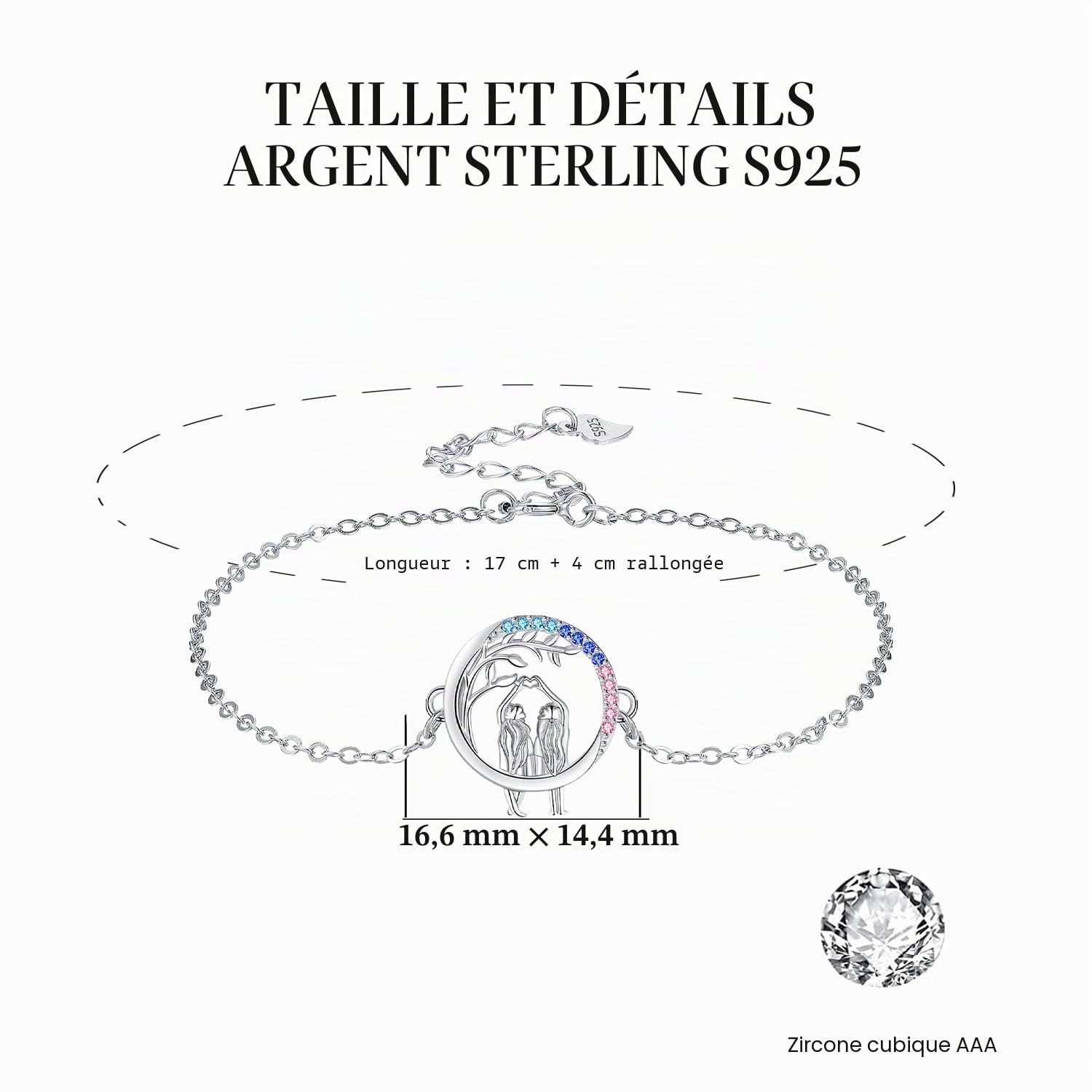 Bracelet Femme Argent Sterling 925, Bijoux Original Cadeaux de Noël pour Femmes Mère Épouse - Réglable(17cm+4)