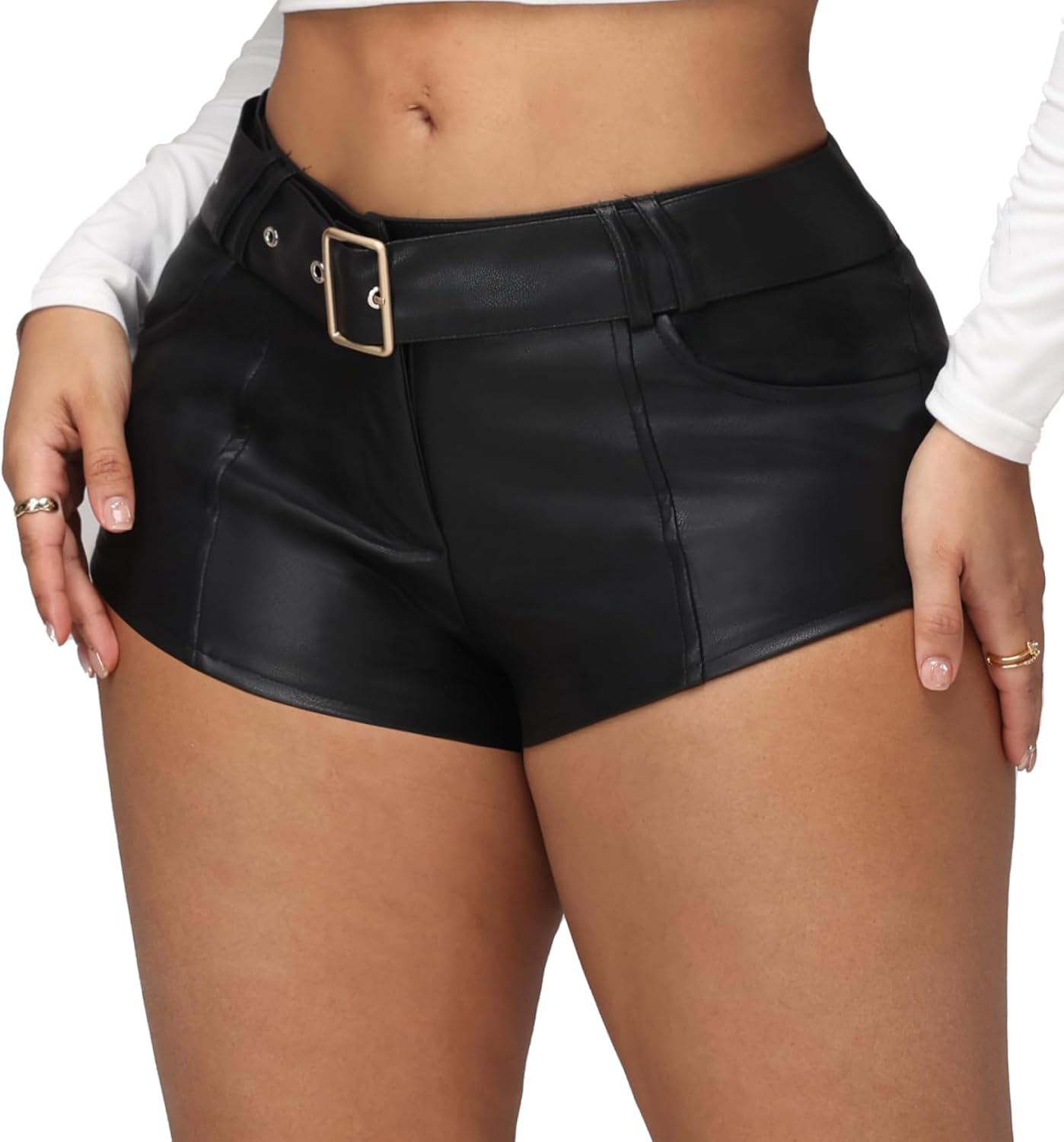 Women's PU Leather Micro Shorts High Waist Belted Mini Shorts Festival Rave Club Outfits - Image 4