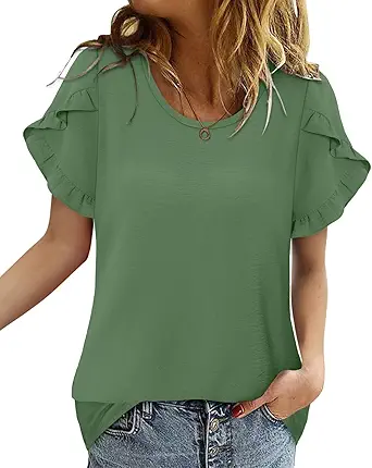 CRAZY GRID Women's Shirts Summer Casual Crewneck Ruffle Short Sleeve Blouses Cute Floral Print Tunic Tops