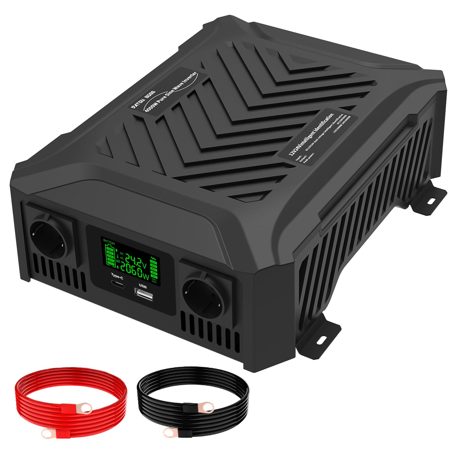 DATOUBOSS Pur Sinus Onduleur 12V/24V vers 220V 230V Convertisseur Universel Double Tension 1200W/2300W avec système de détection Intelligent Puissance de crête 2000W/4000W, Transformateur avec LCD