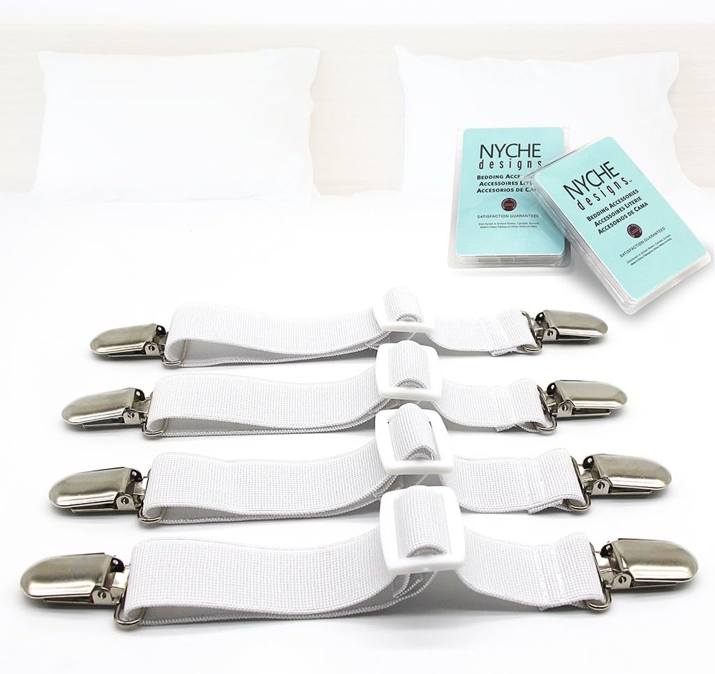 The Nyche Designs Bed Sheet Straps, Adjustable Three-Way Sheet Fasteners, Fitted Sheet Clips, Bed Sheet Grippers Holders for Corners Cover Suspenders, Bed Sheet Clips, Bed Sheet Fasteners, Fitted Sheet Fastener, Fitted Sheet Straps