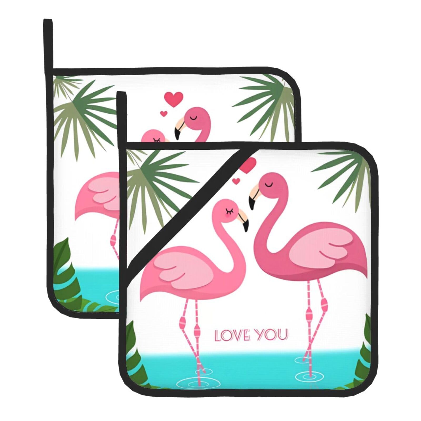 YYHHAOFA Palm Leaf and Flamingos Couple Prints Square Hot Pads for Kitchen Counter - Waterproof Pot Covers with Hanging Loop - Thick Heat Resistant Trivets for Microwave & Oven (2-Pack)