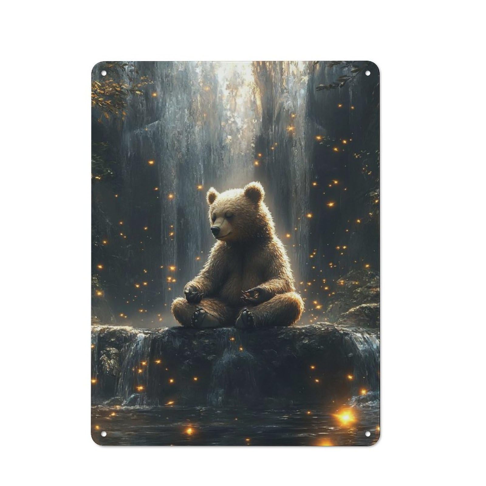 Junmoney Bear Meditating Waterfall Metal Wall Plaque 40X30cm, Everyday Small Space Decor For Flat, Dorm Room, Lounge Or Cafe