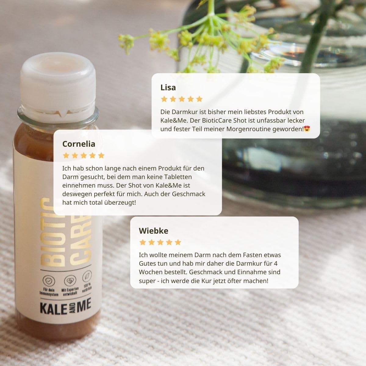 Kale&Me Darmkur 4 Wochen – 28 Shots mit je 85 ml – mit Darm-Guide | Biotic Care Shot mit sporenbasierten Bakterien & Präbiotika, vegan, ohne Zusatz- & Konservierungsstoffe, reich an Vitamin C